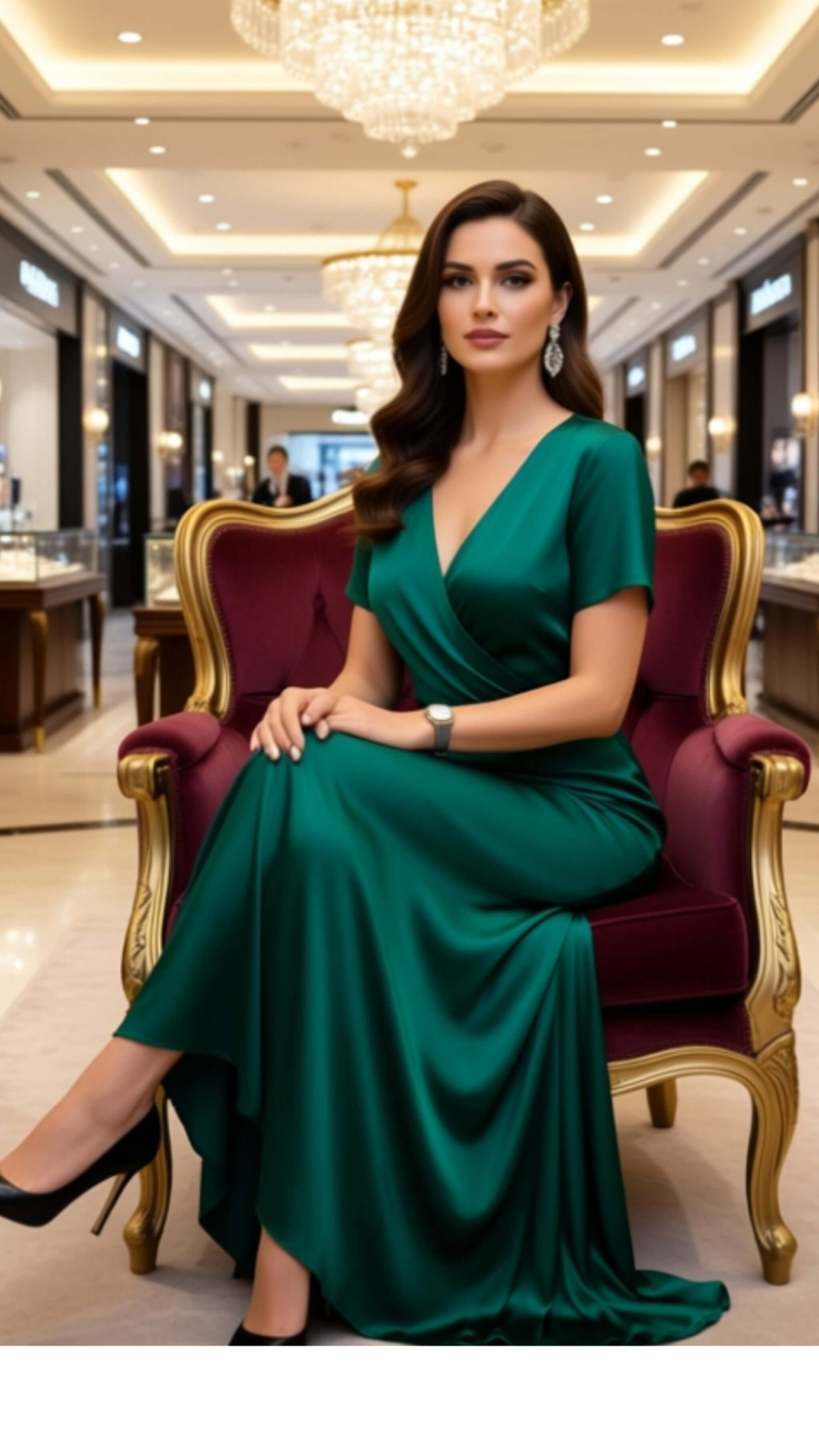 Elegant woman in a green dress sitting in luxury store, showcasing a luxury women's watch.