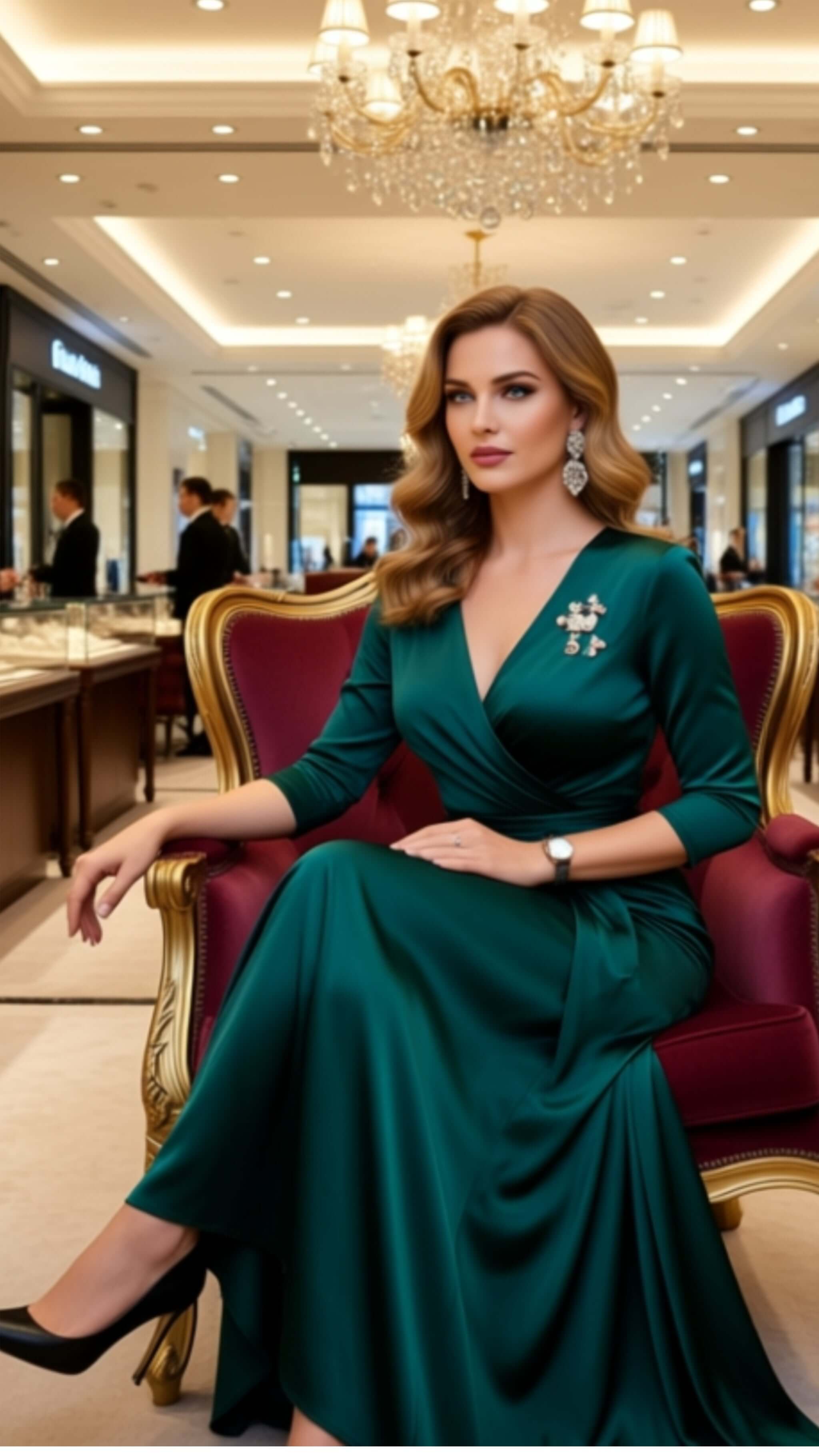 Elegant woman in a green dress showcasing a luxury women's watch in a high-end jewelry store setting.