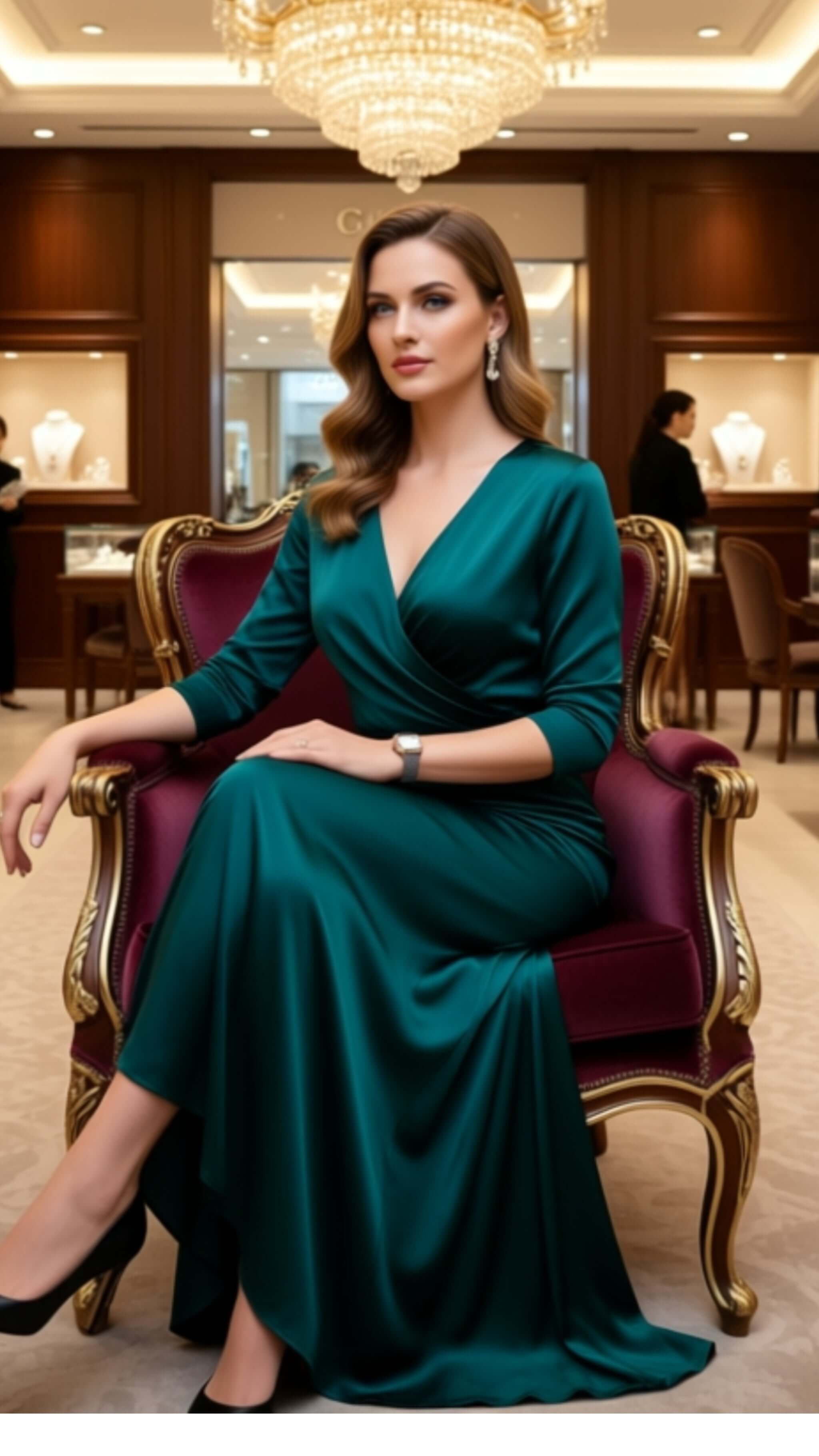 Elegant woman in teal dress sitting in a luxurious setting, wearing a luxury women's watch.