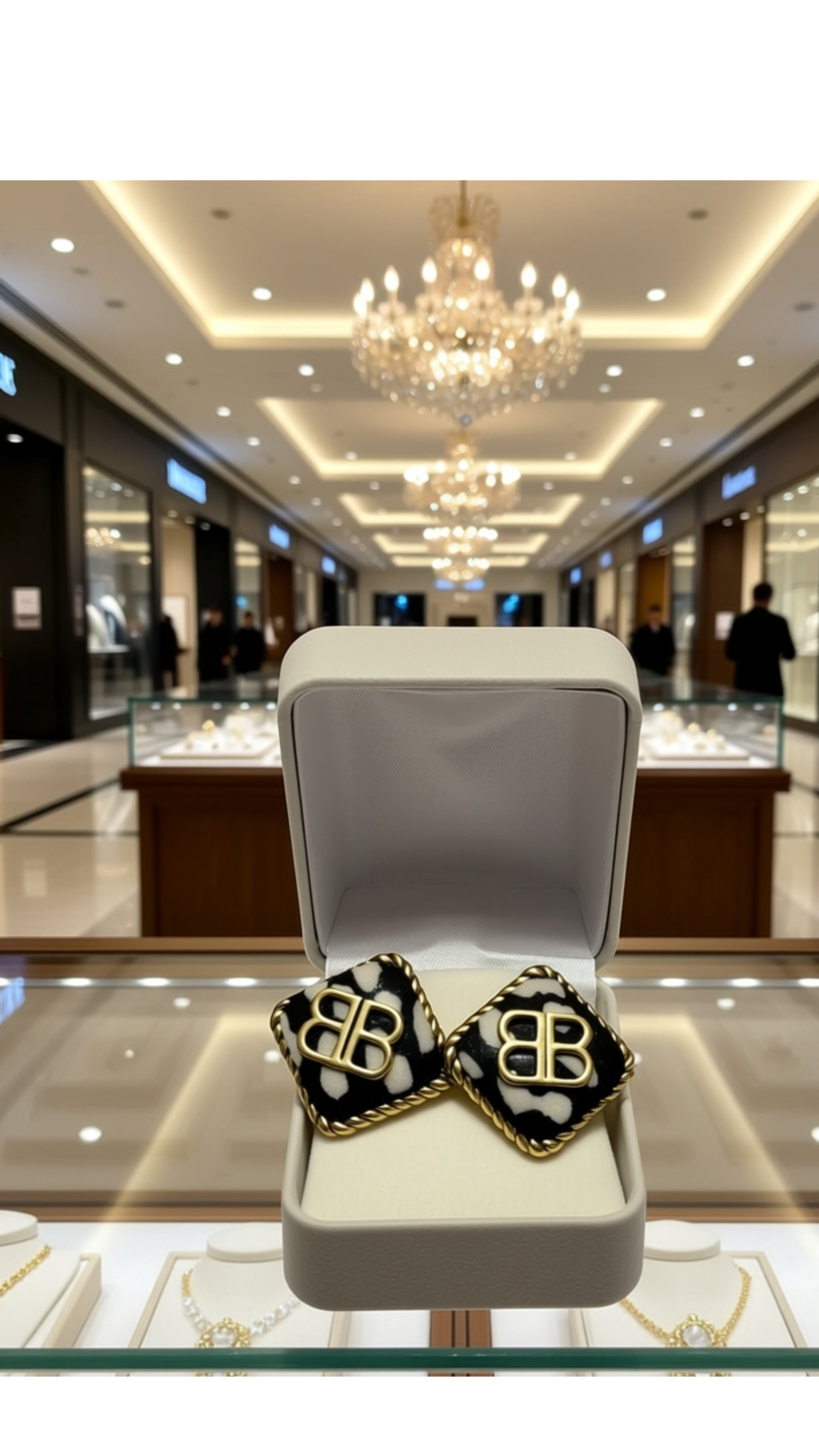 Luxury earrings for women displayed in elegant jewelry store, featuring striking black and gold design.