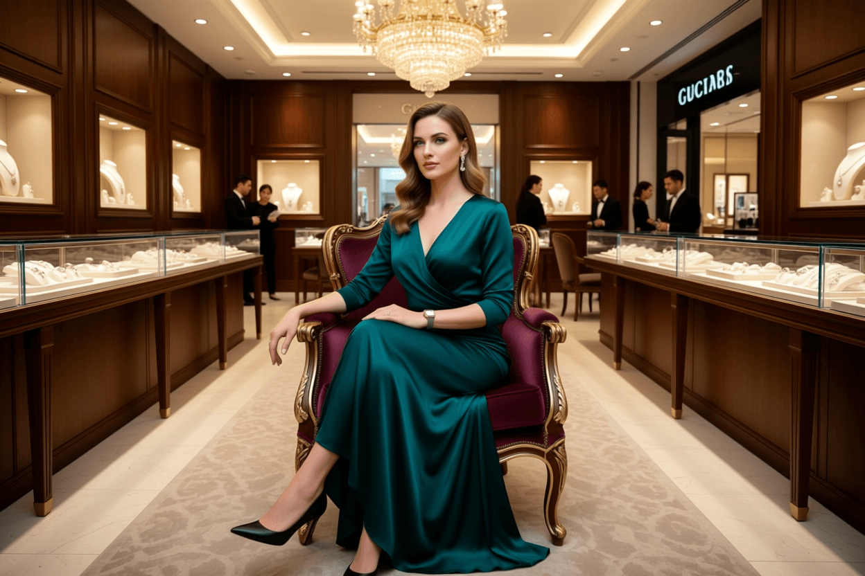 Luxurious woman wearing a luxury women's watch, seated elegantly in an upscale jewelry store.