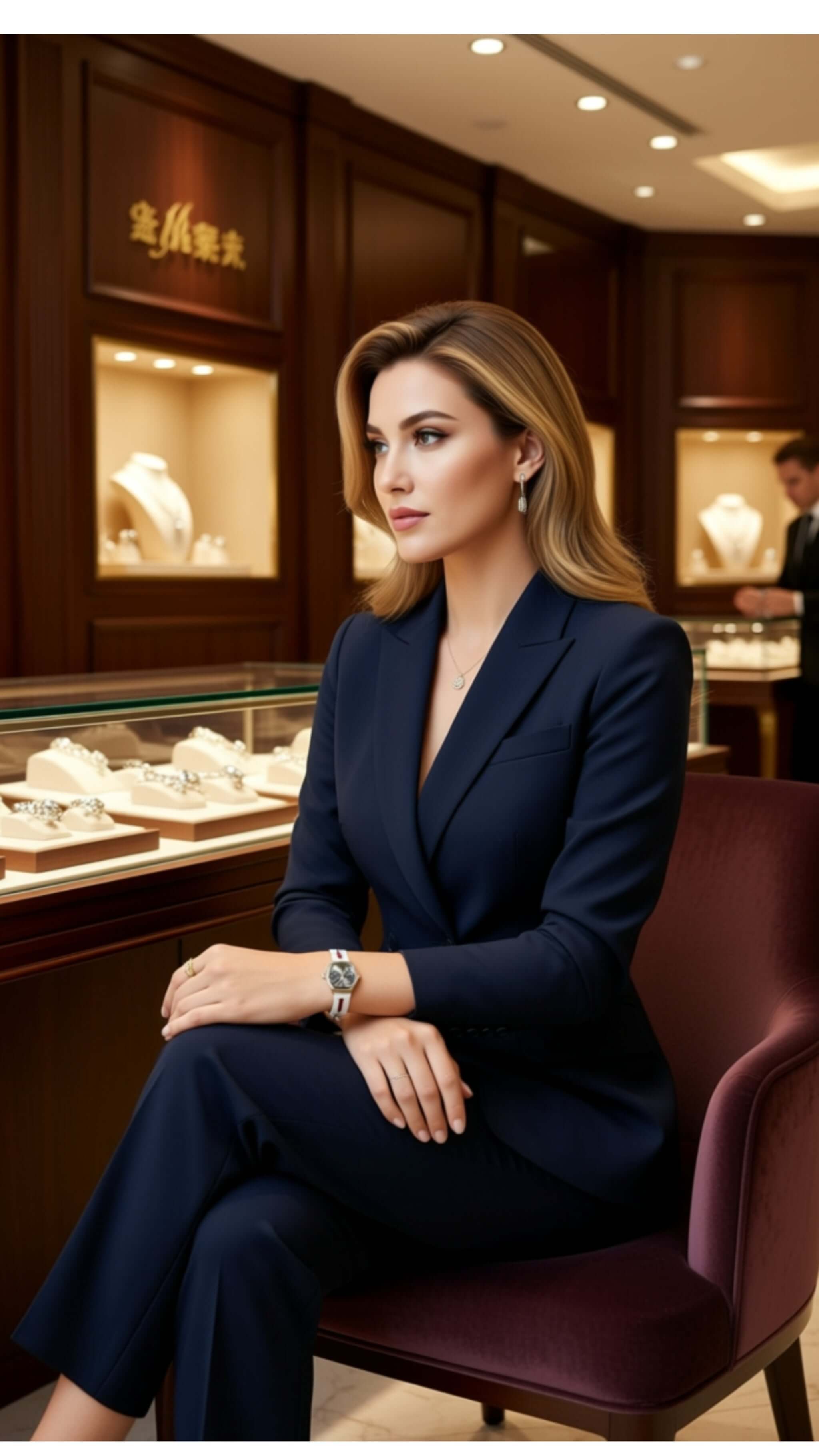Elegant woman in a navy suit wearing a luxury women's watch in a jewelry store.