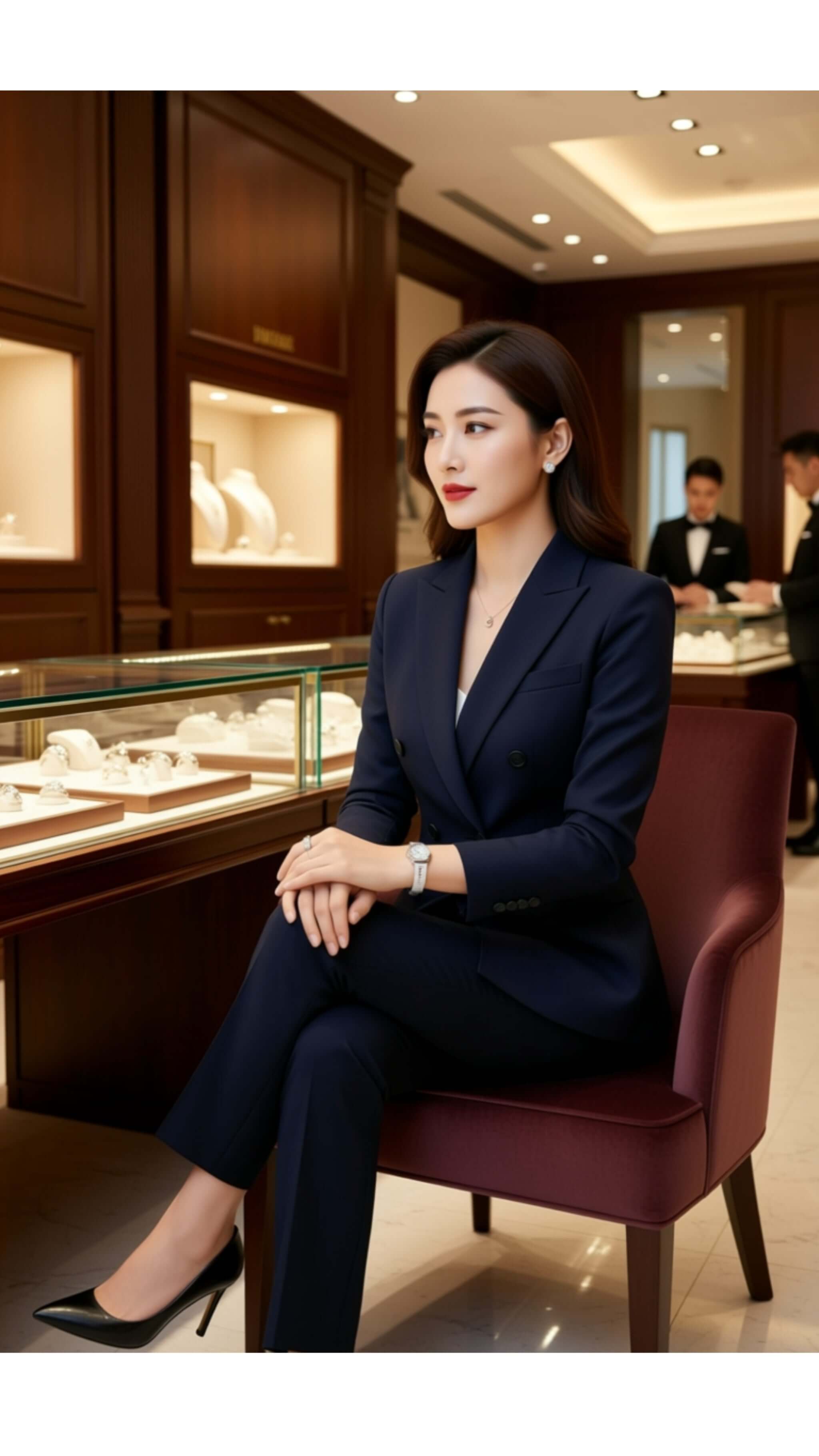 Luxury women's watch showcased by stylish woman in navy suit at a high-end boutique.