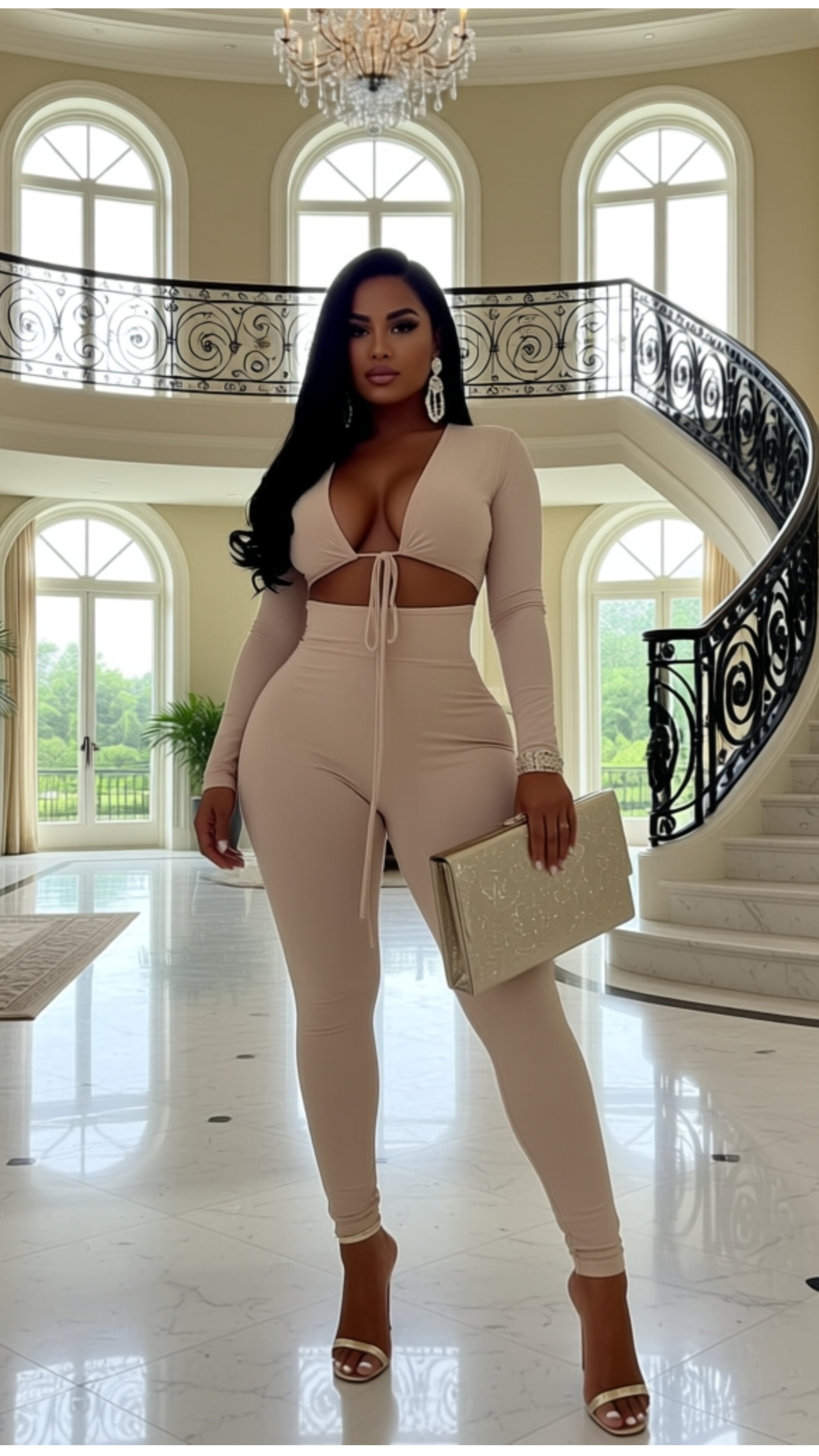 Jumpsuits Bandage Tie Sexy Hollow Out Long Sleeve Bodycon
