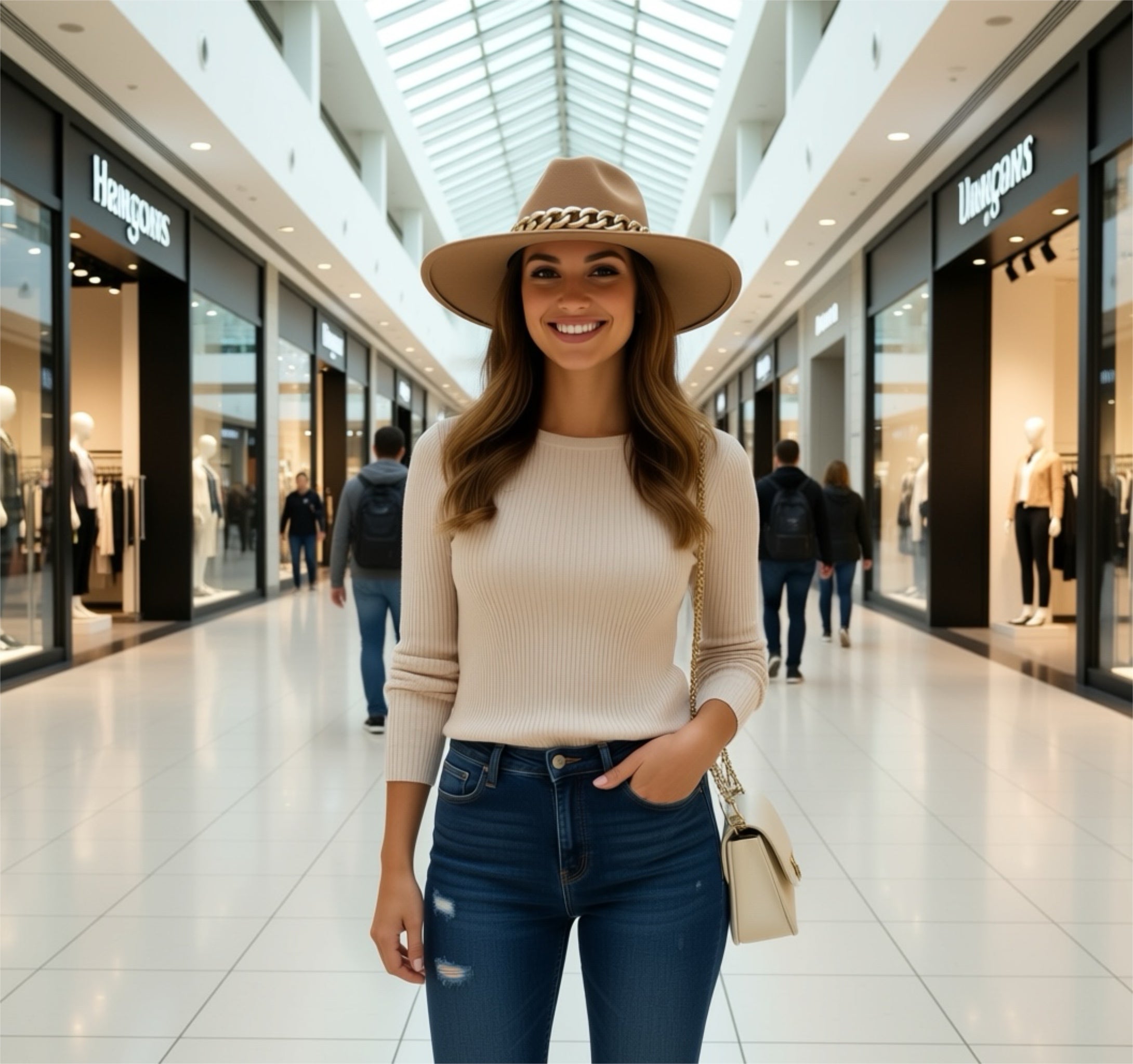 WOLLHUT MIT BREITER KREMPE, ELEGANT UND MIT GOLDENER KETTE