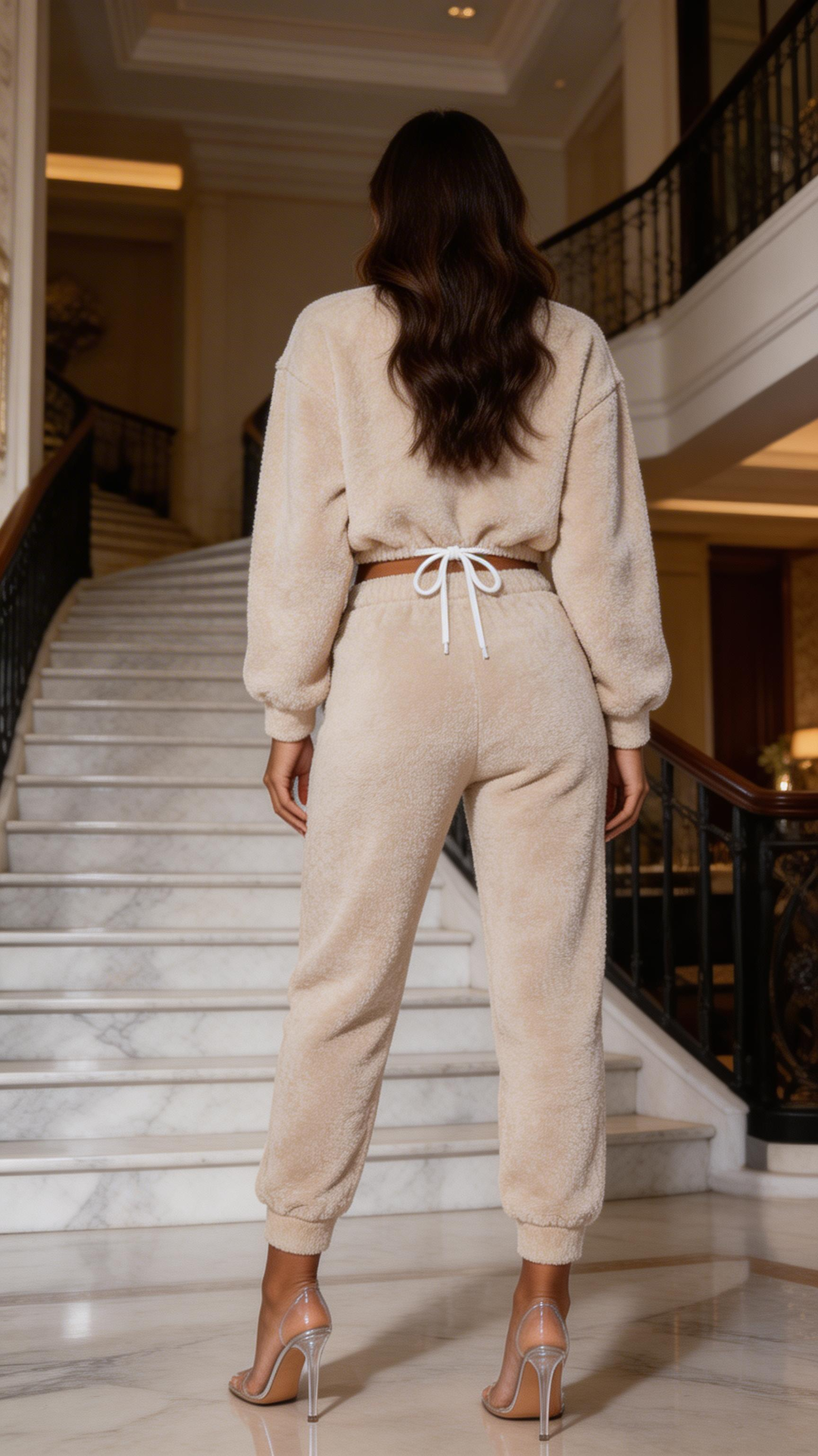 BEIGE TEDDY BORG CROPPED TOP & JOGGER LOUNGE SET