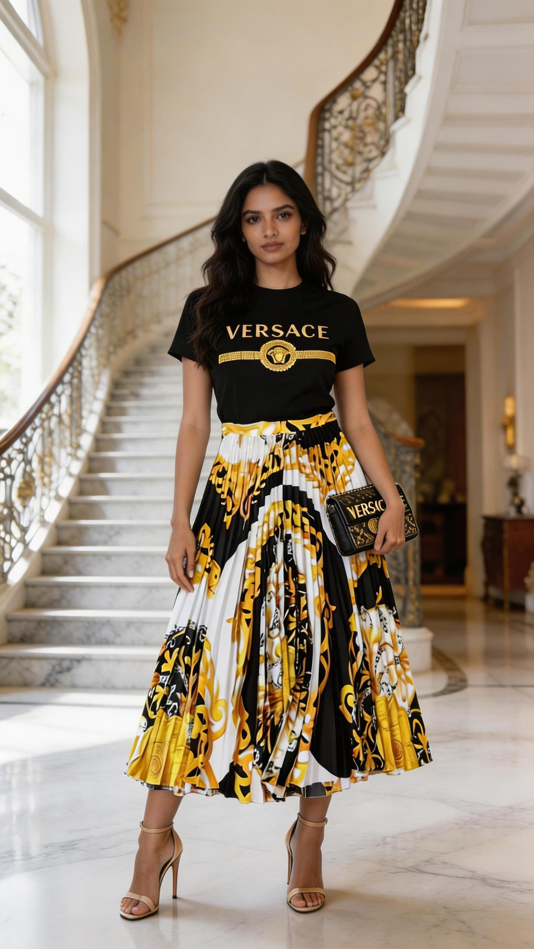 Chic Women's Two Pieces Set T-Shirt & Pleated Long Skirt