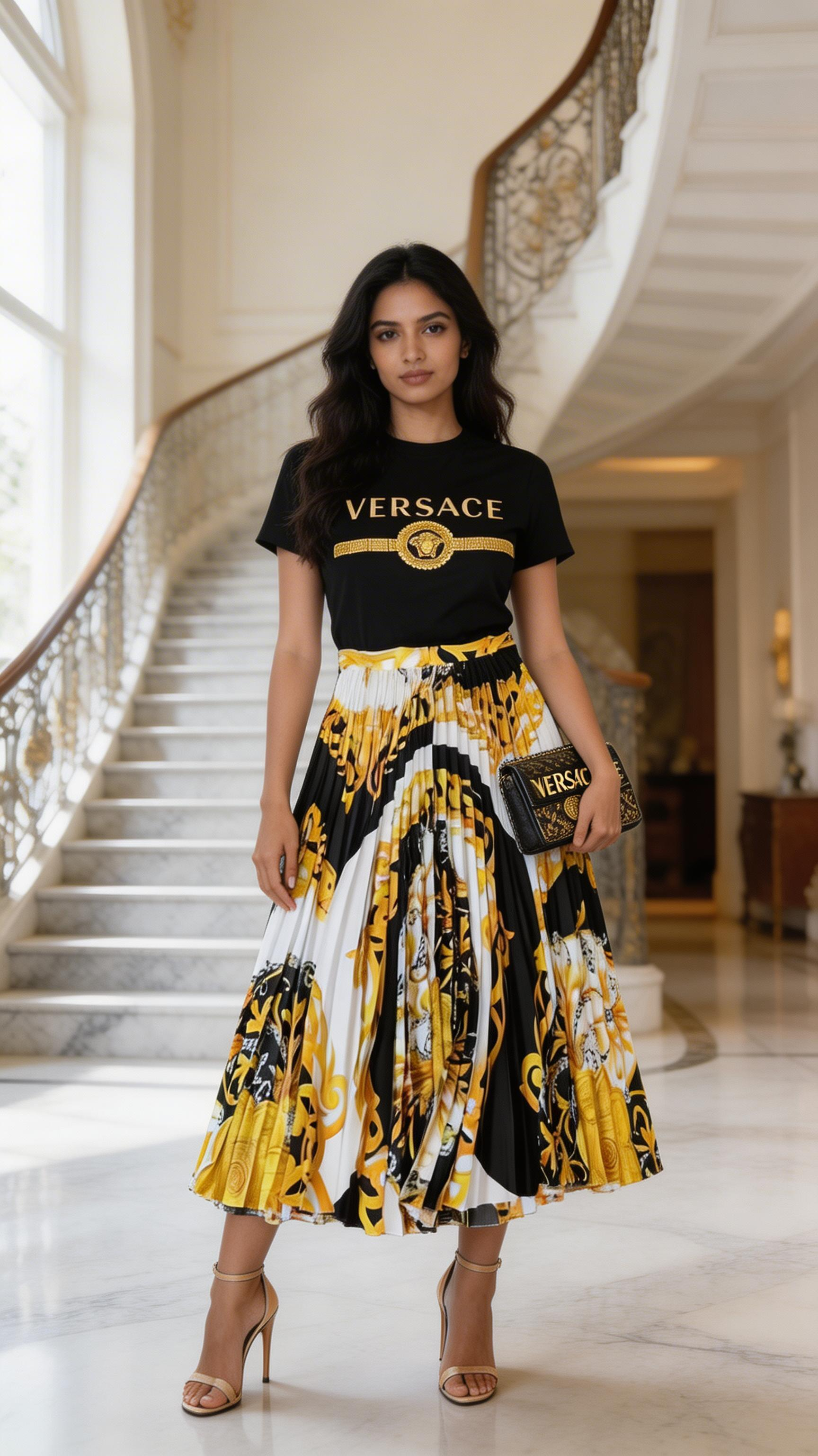 Chic Women's Two Pieces Set T-Shirt & Pleated Long Skirt