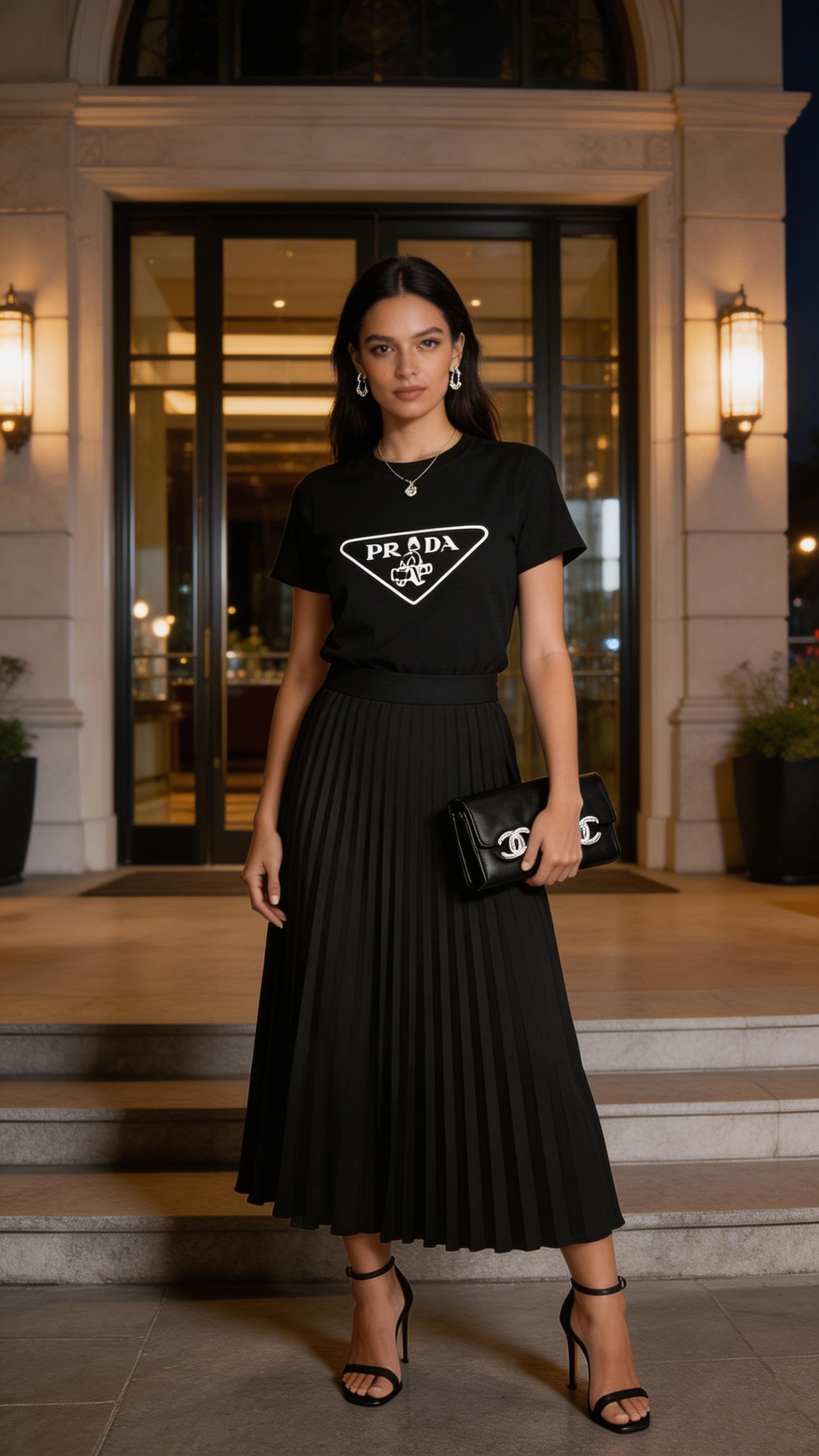 Chic Two Pieces  T-shirts & Long Pleated Skirt