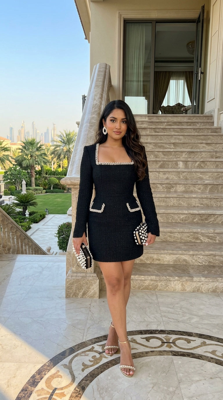 Square Neck Tweed Mini Dress