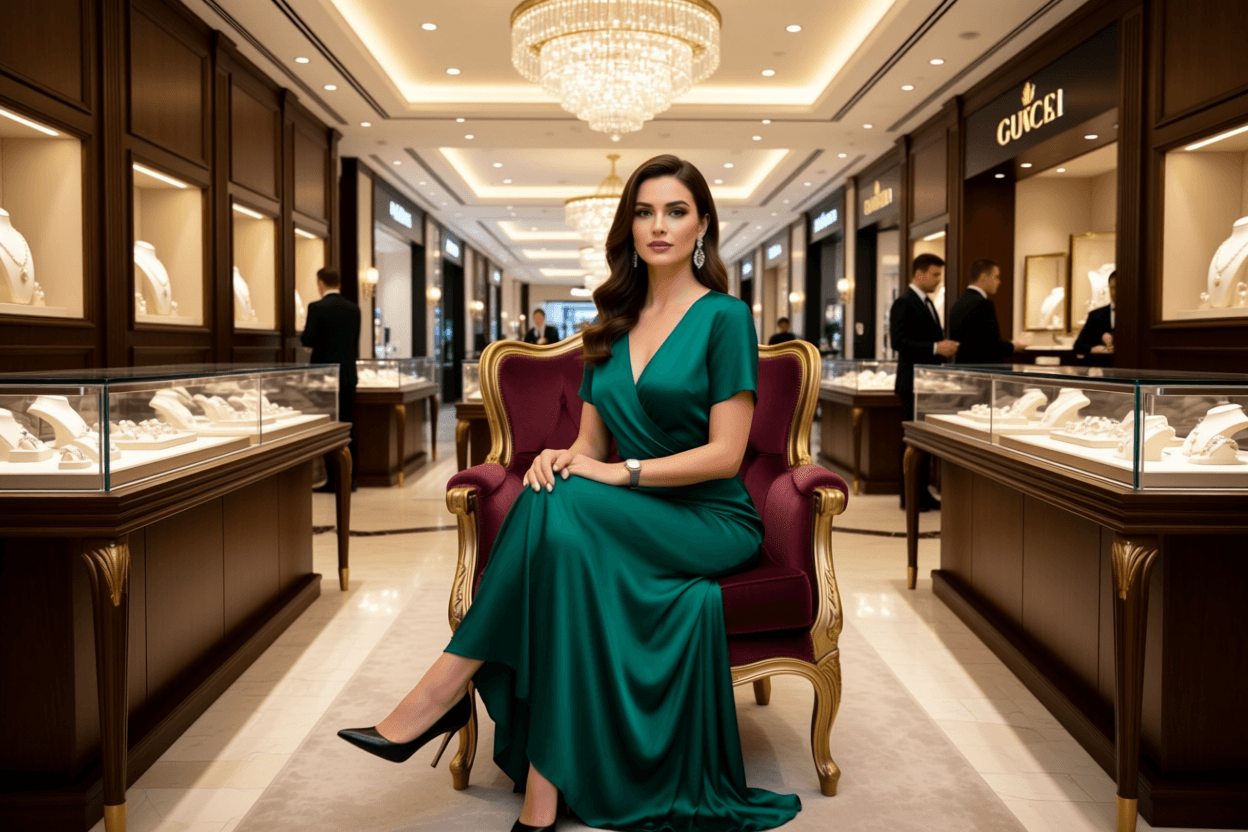 luxury women's watch worn by a woman in a green dress sitting in an upscale jewelry store.