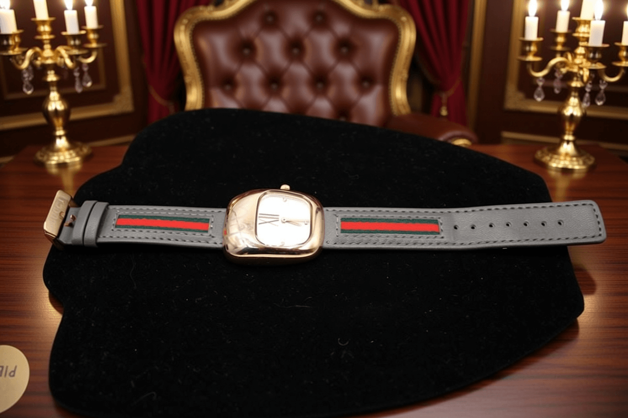 Luxury women's watch displayed on a black cushion in an elegant setting, featuring a stylish grey strap.