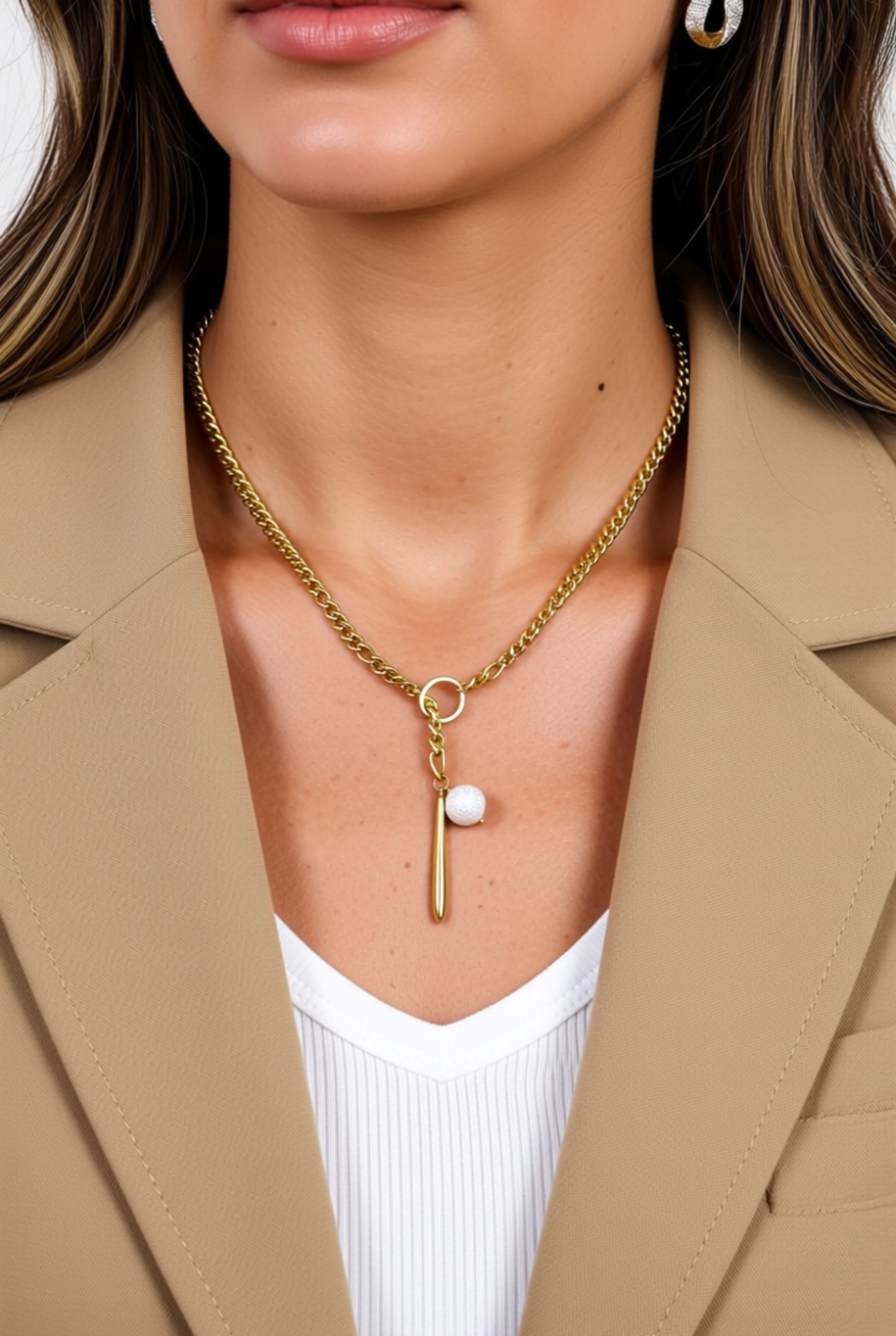 Adornia Water Resistant 14K Yellow Gold Plated Stainless Steel Imitation Pearl Figaro Chain Necklace