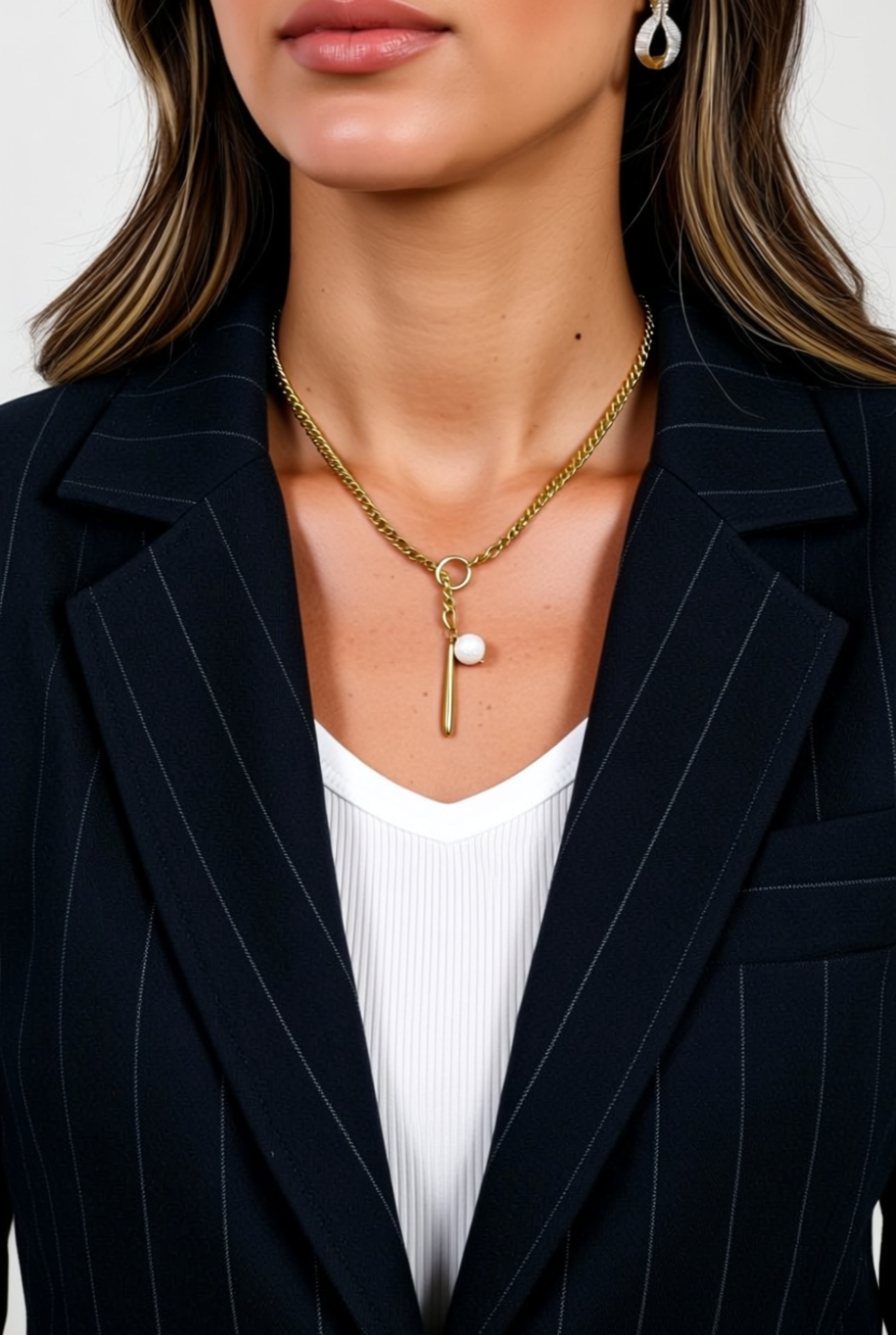 Adornia Water Resistant 14K Yellow Gold Plated Stainless Steel Imitation Pearl Figaro Chain Necklace