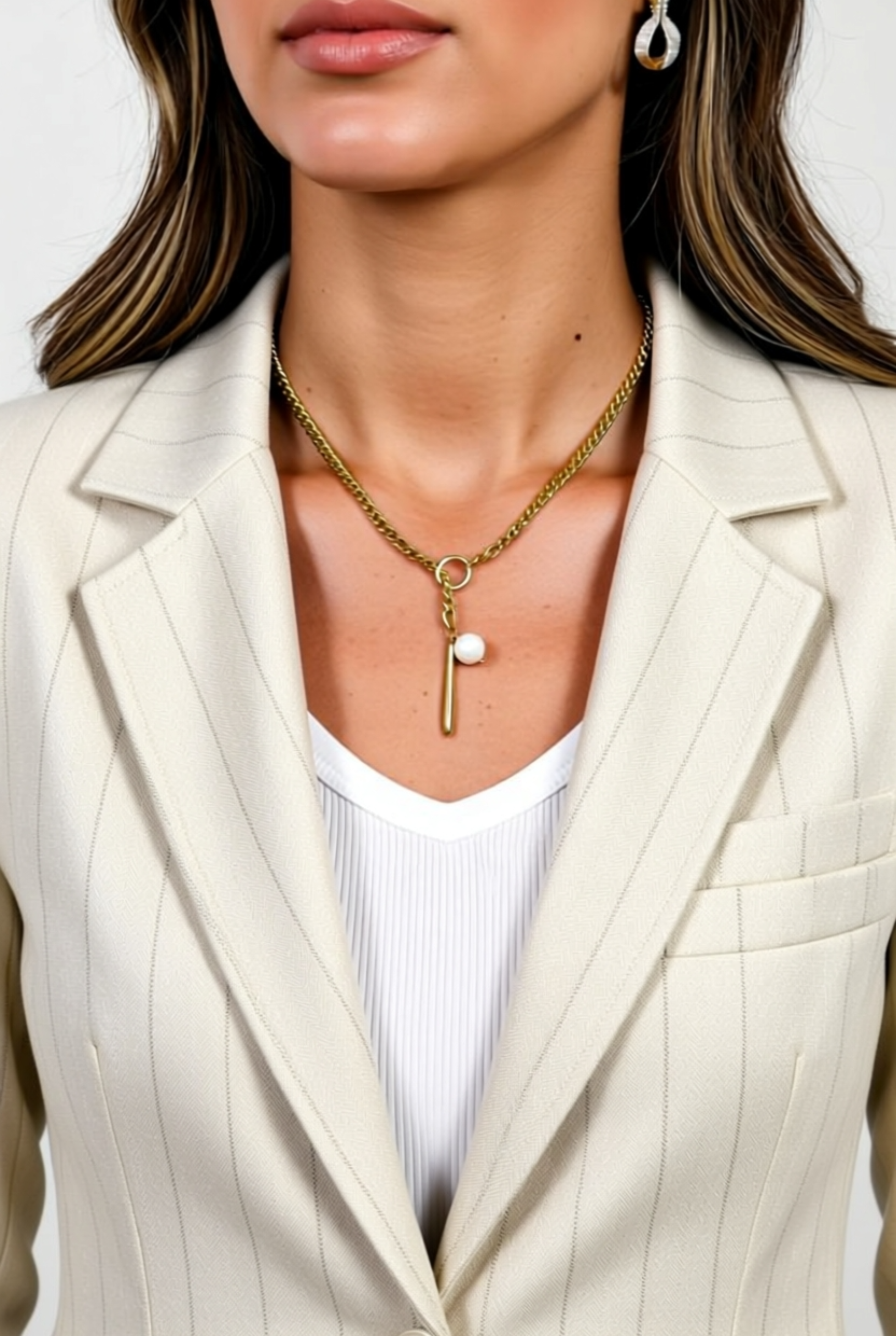 Adornia Water Resistant 14K Yellow Gold Plated Stainless Steel Imitation Pearl Figaro Chain Necklace