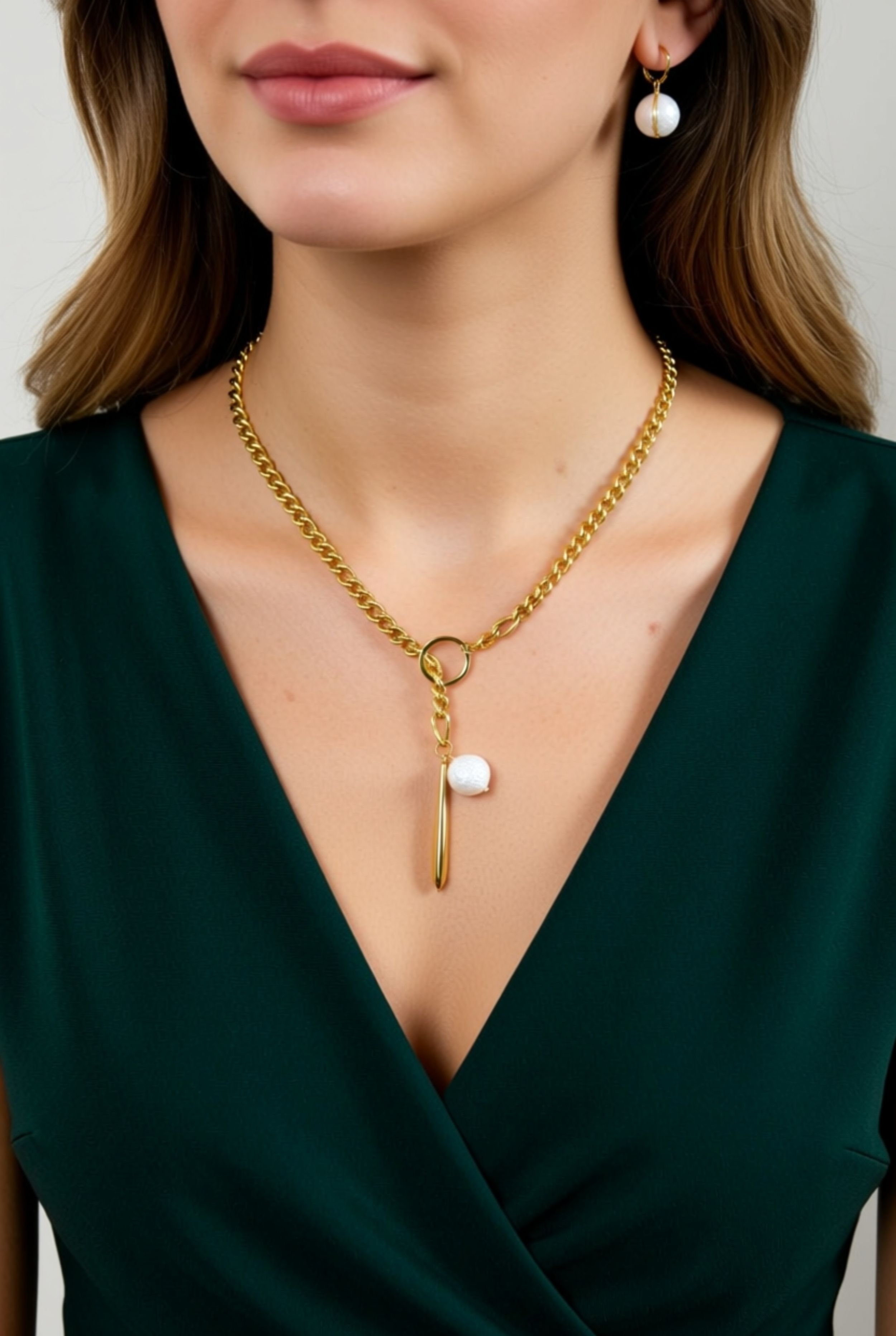 Adornia Water Resistant 14K Yellow Gold Plated Stainless Steel Imitation Pearl Figaro Chain Necklace