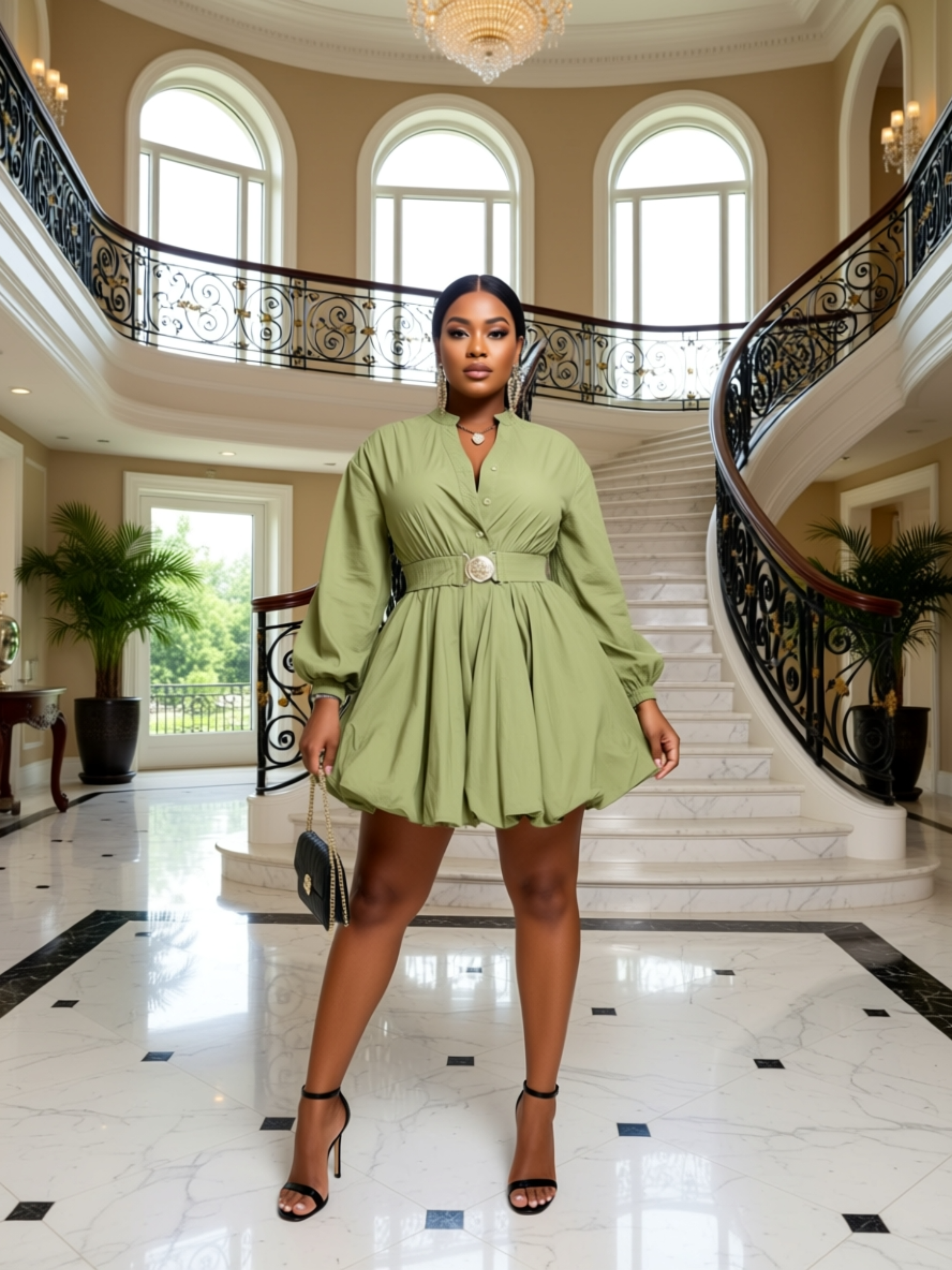 Notched Button Up Balloon Sleeves Dress