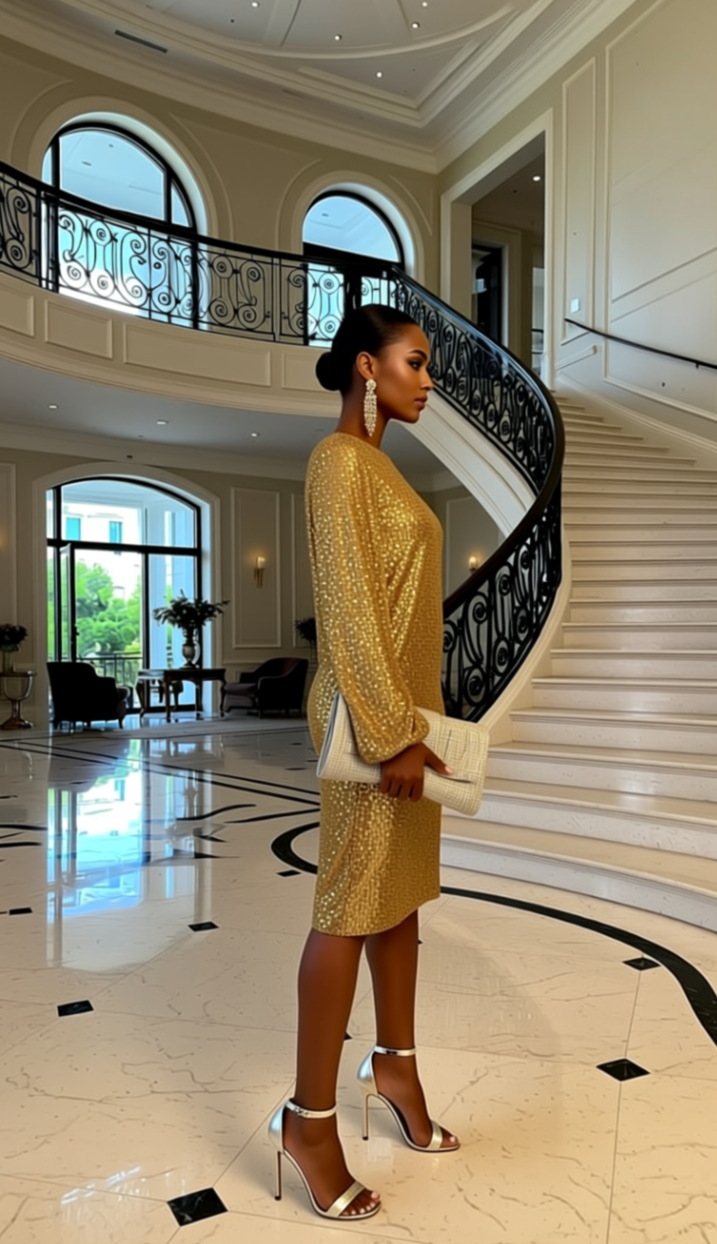 Preston & York Rosa Jewel Neck Long Blouson Sleeve Sequin Dress
