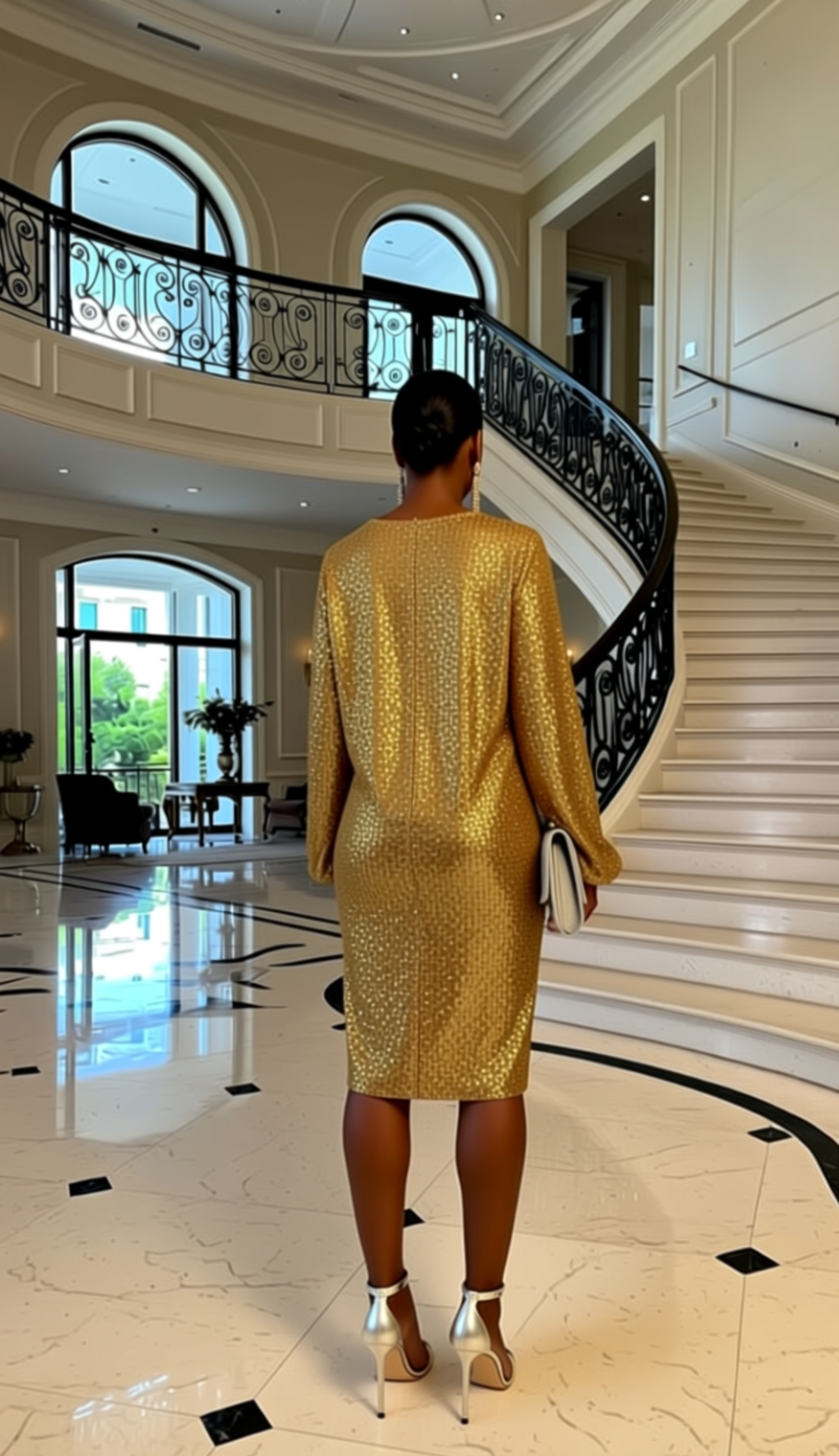 Preston & York Rosa Jewel Neck Long Blouson Sleeve Sequin Dress