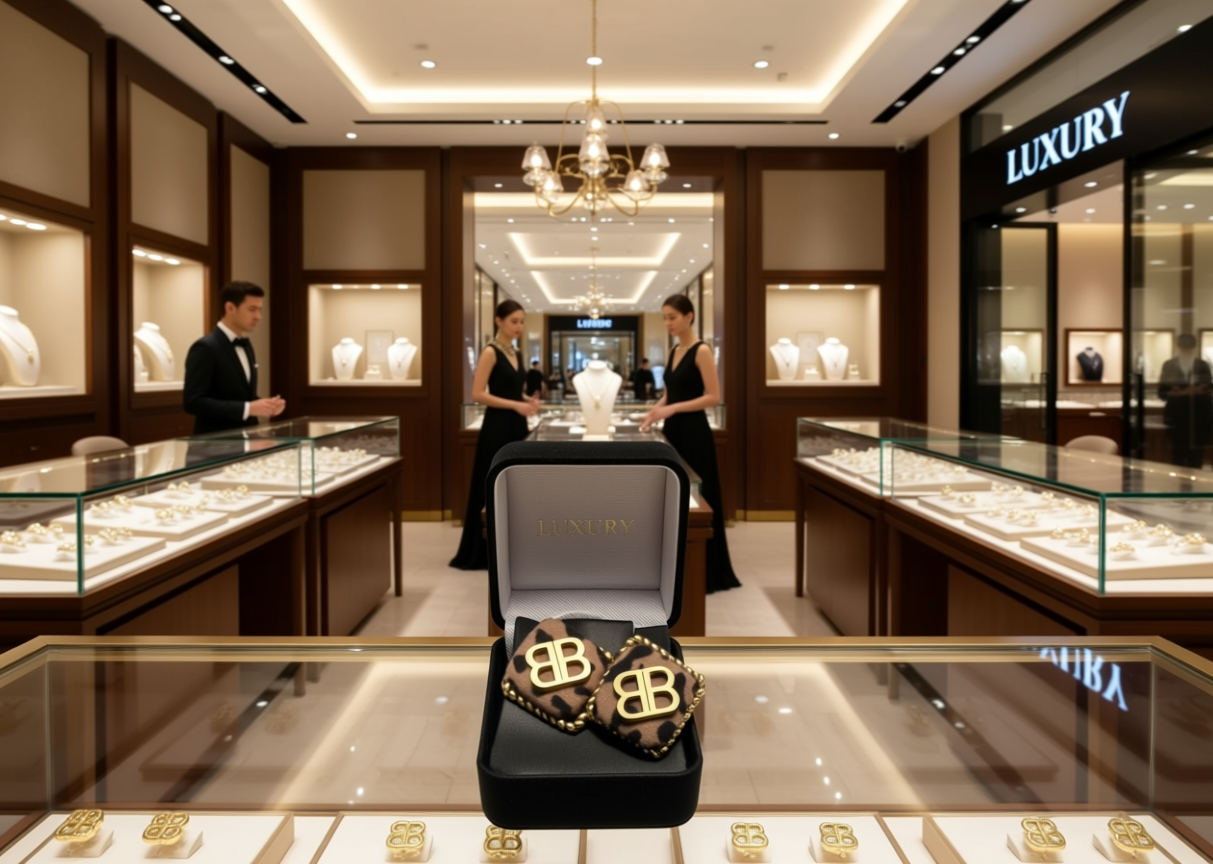 Luxury earrings for women displayed in a designer jewelry store with elegant decor and attention to detail.