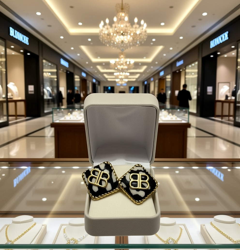 Luxury earrings for women displayed in a jewelry store with opulent lighting and elegant surroundings.