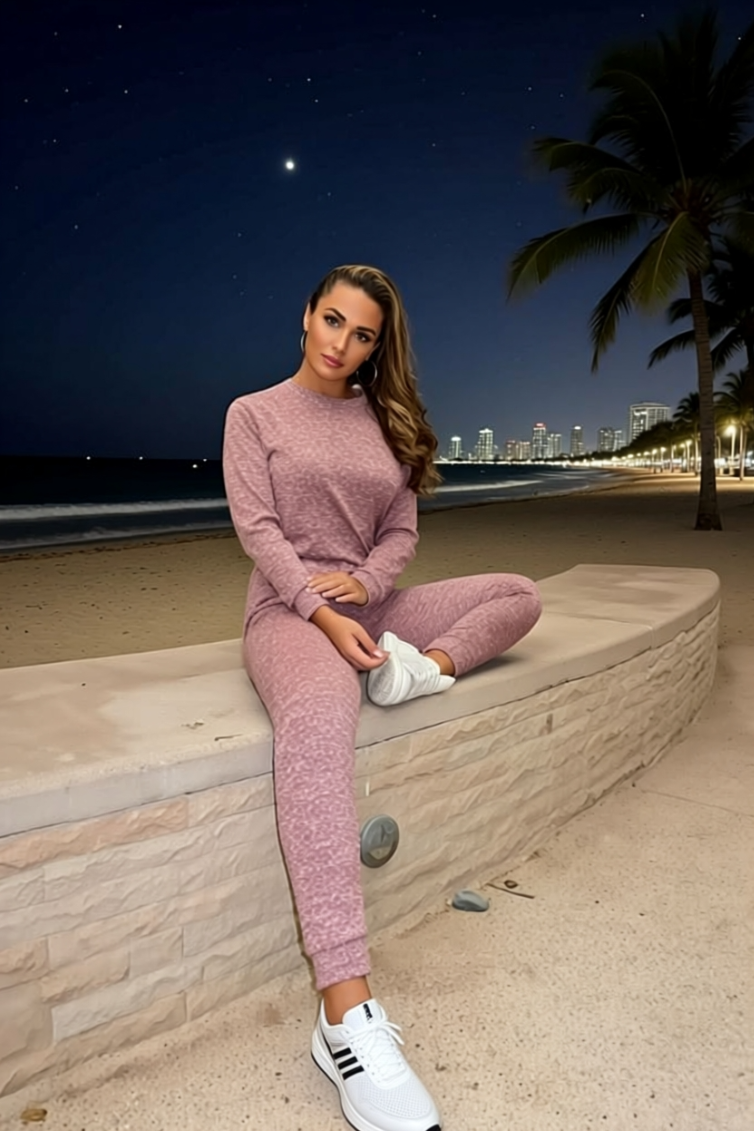 Women's Fashion Loungewear Crew Neck Jogger Lounge Set Pink