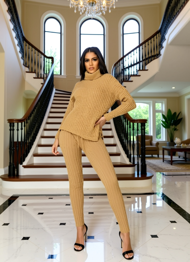 Gerippter Rollkragenpullover und Leggings Loungewear-Set