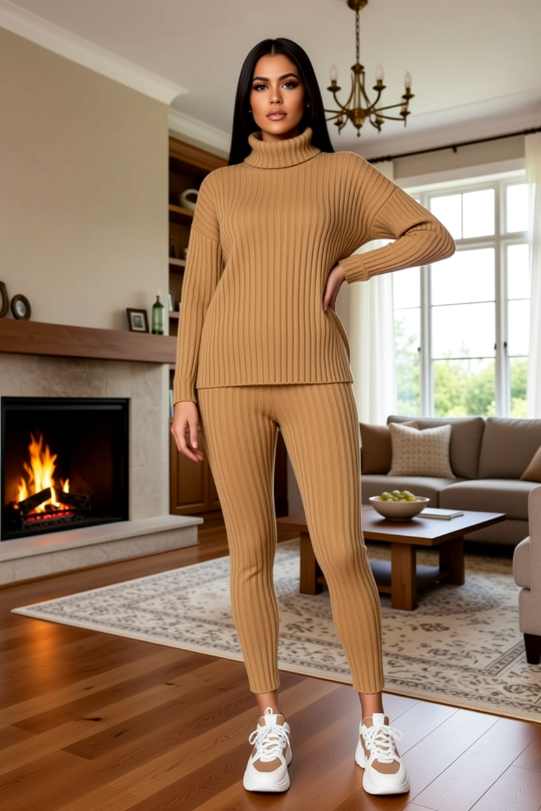 Gerippter Rollkragenpullover und Leggings Loungewear-Set